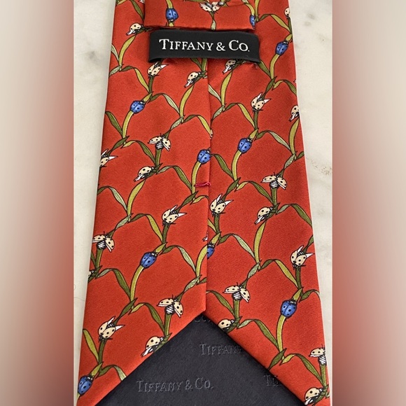 Tiffany & Co Rust Red Ladybugs Blue and Red Pattern Tie - Picture 1 of 5